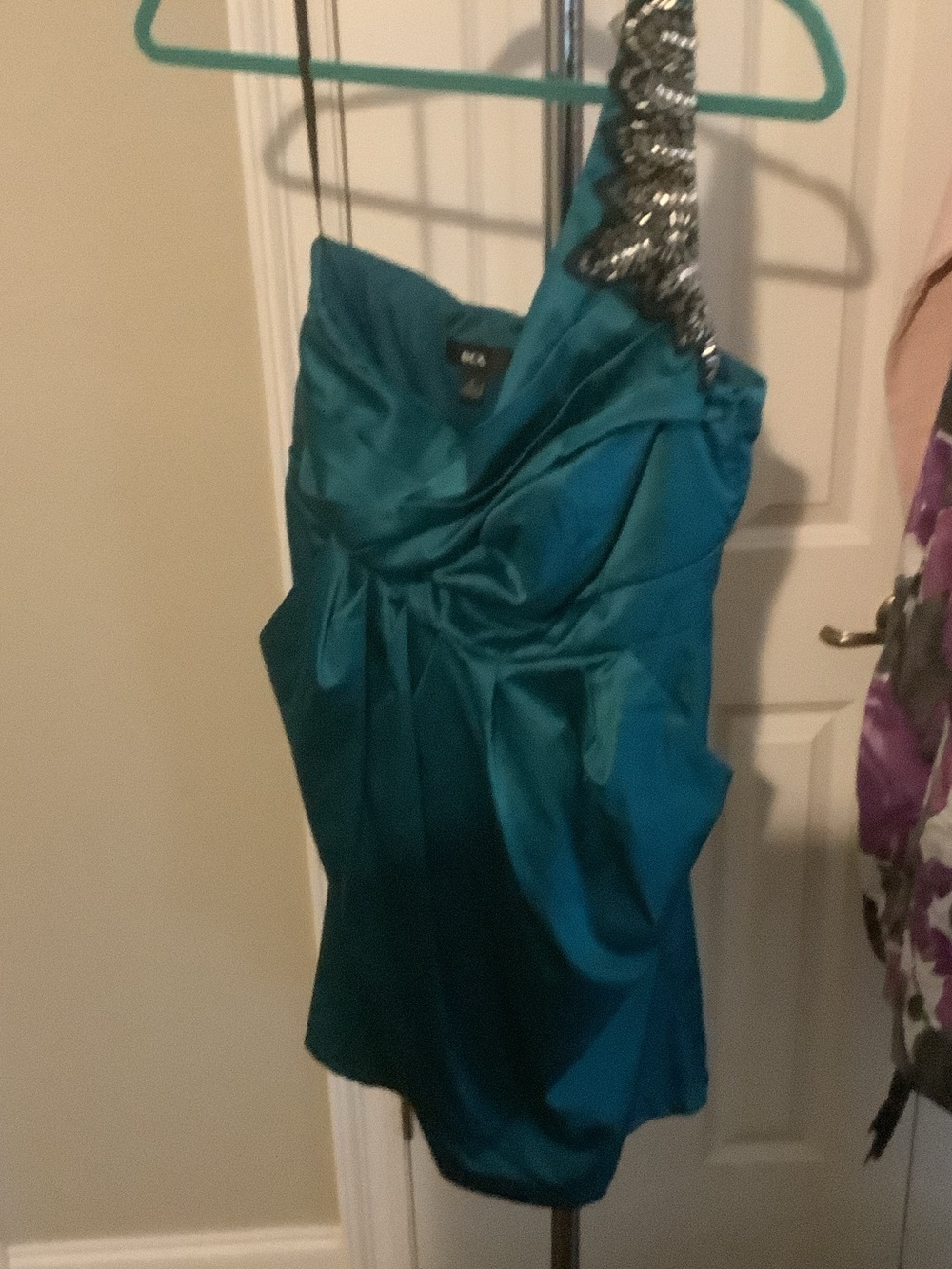 BCX Teal One-Shoulder Cocktail Dress with Beaded Strap
